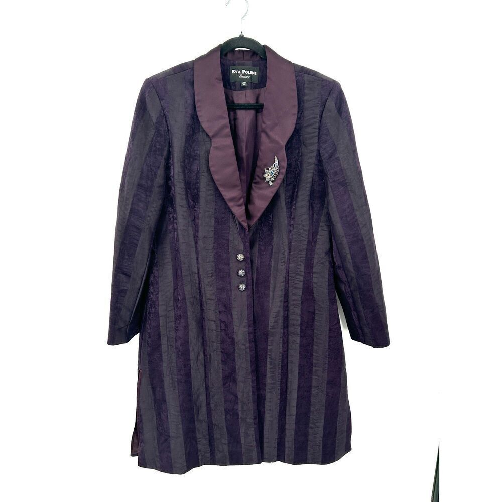 EVA POLINI Couture Vintage Purple Striped Bling Button Mobwife Trench Coat 14